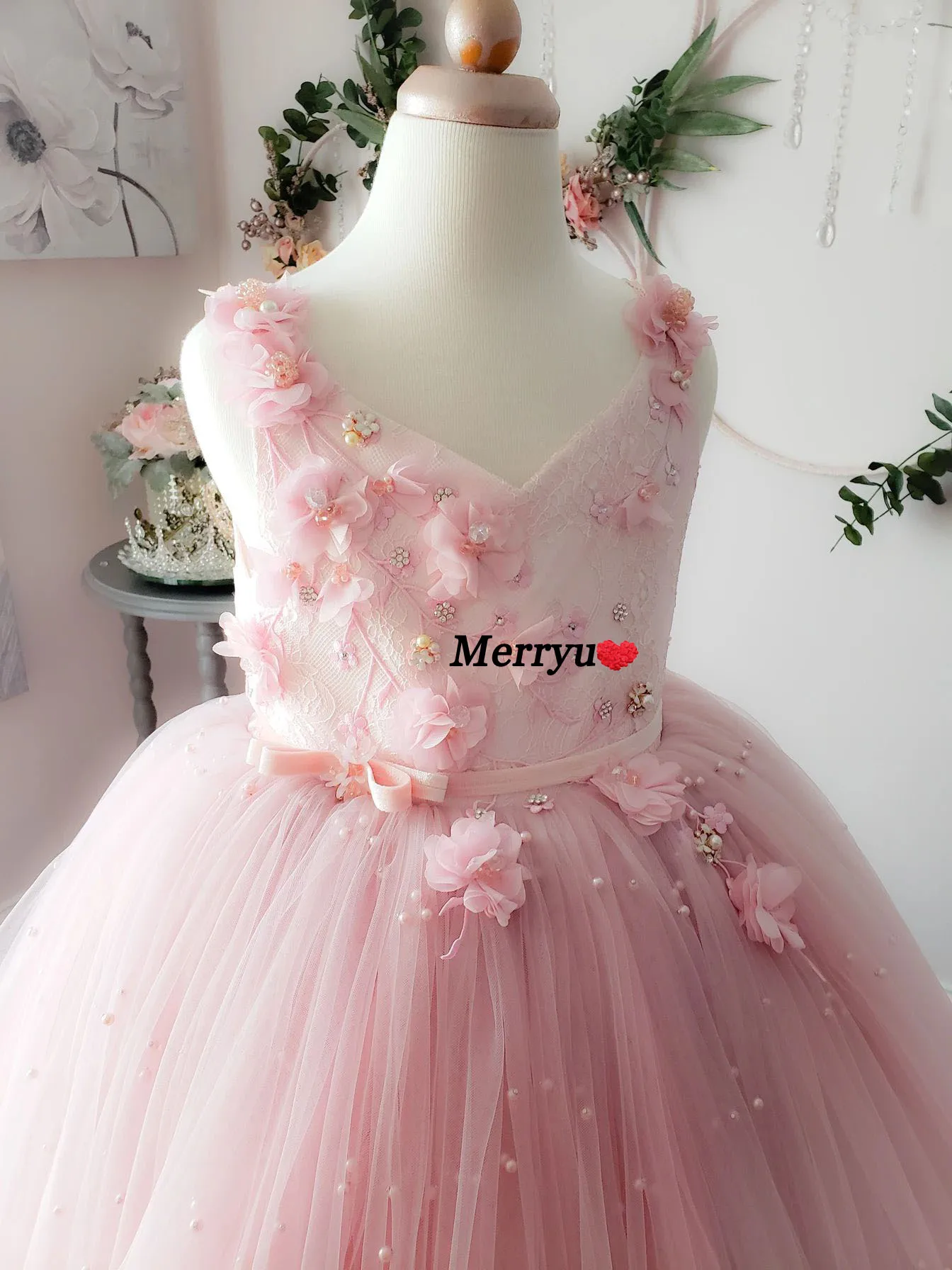 Prinzessin Rosa Spitze Ballkleid Bling Perlen Blume Mädchen Kleid Mädchen Pageant Kleider Neue Bogen Erstkommunion Kleider Für Hochzeit