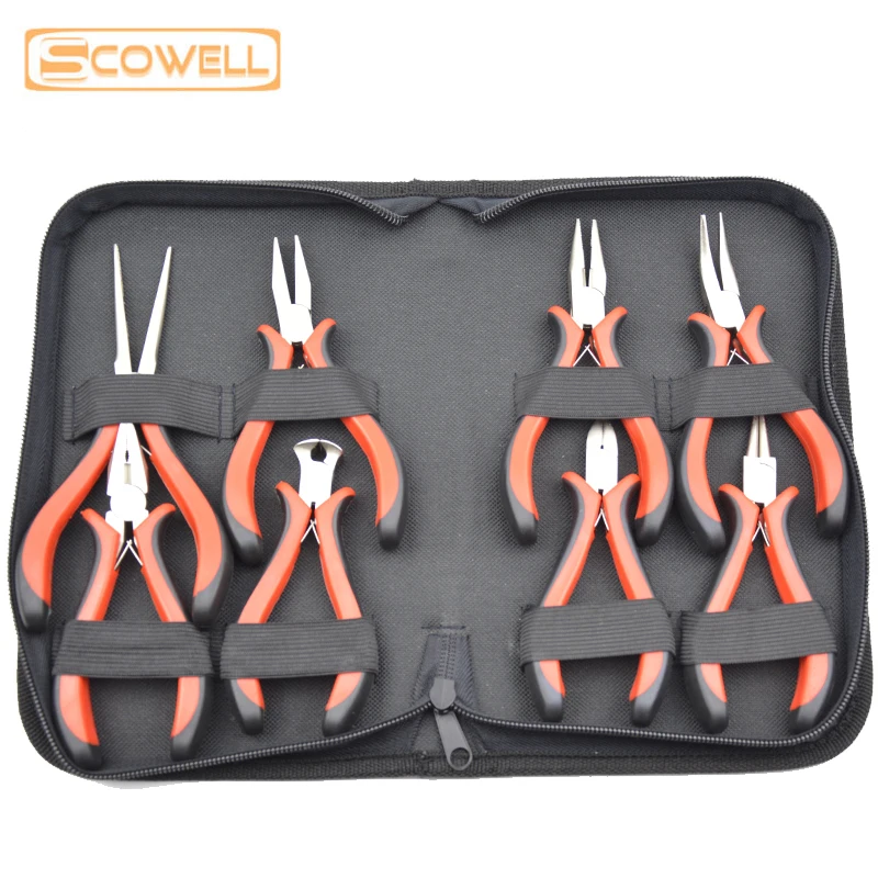 8 PCS Jewelry Pliers Set Mini Nippers Kit Handles Add Tools Bag DIY Tools Beading Tweezers Pincers Nickel Plated Double PVC