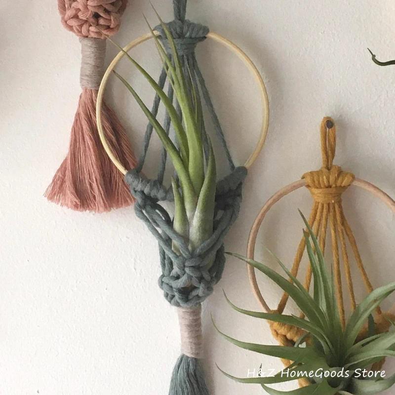 Colorful Macrame Air Plant Holder Boho Wall Hanging Tapestry Pod Hanger Tassel Flower Basket Net Bag Woven Wall Art Home Decor