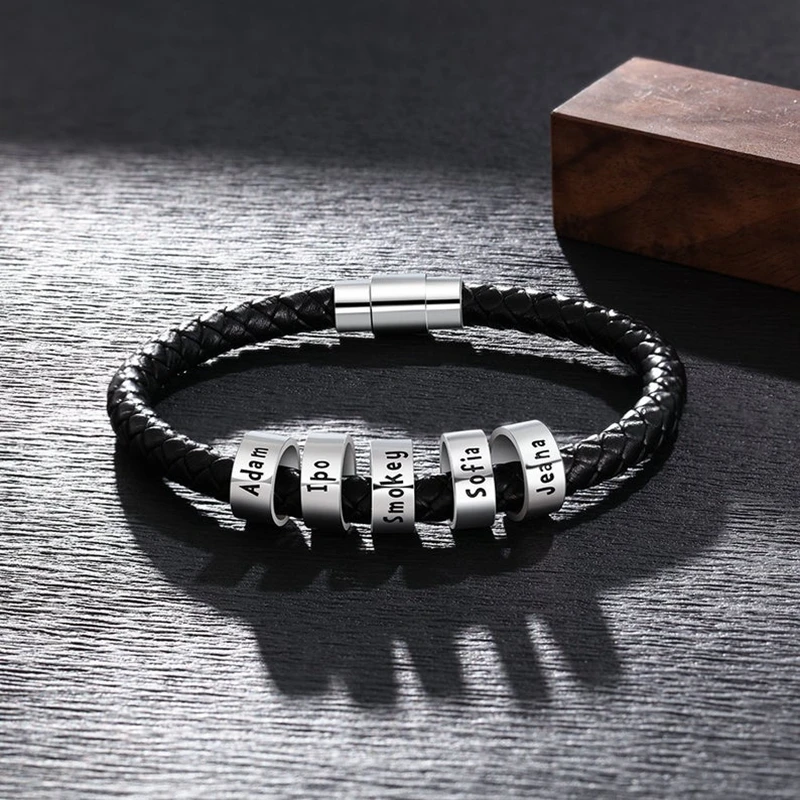 Black Genuine Leather Bracelet Customized Personality Men Jewelry Engrave Family Name Stainless Steel Bangle Men Women Gifts