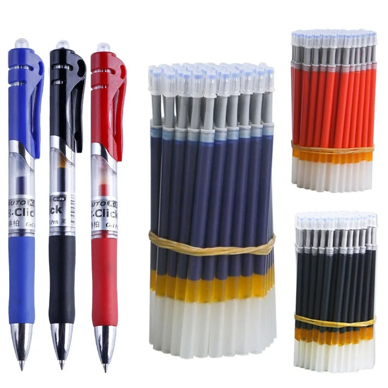 (Set of 2Pen+10 Refills) Press Type Gel Pen Black/blue/red Ink Bullet Spring 0.5 Mm School and Office Supplies (not Erasable)