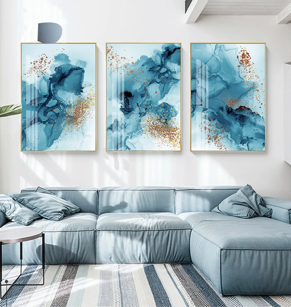 

Modern Crashing Abstract Blue Ink Gold Poster Canvas Painting Wall Art Print Poster Picture Living Room Home Interior Decoration