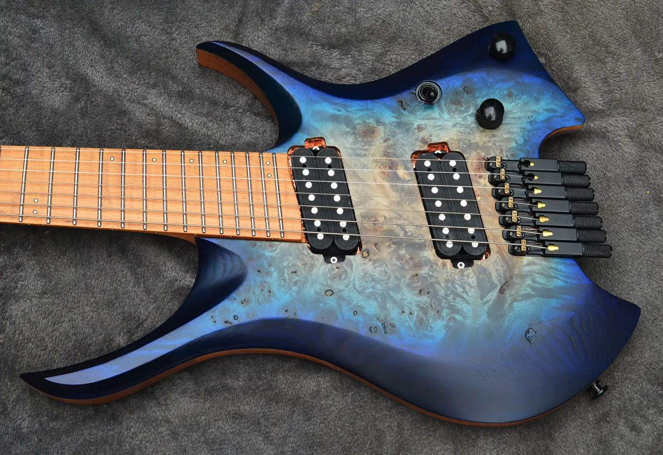 2021 new Fanned frets 7 Strings Headless Electric Guitar  blue burst color  Roasted Maple Neck Ergonomic asymmetric neck