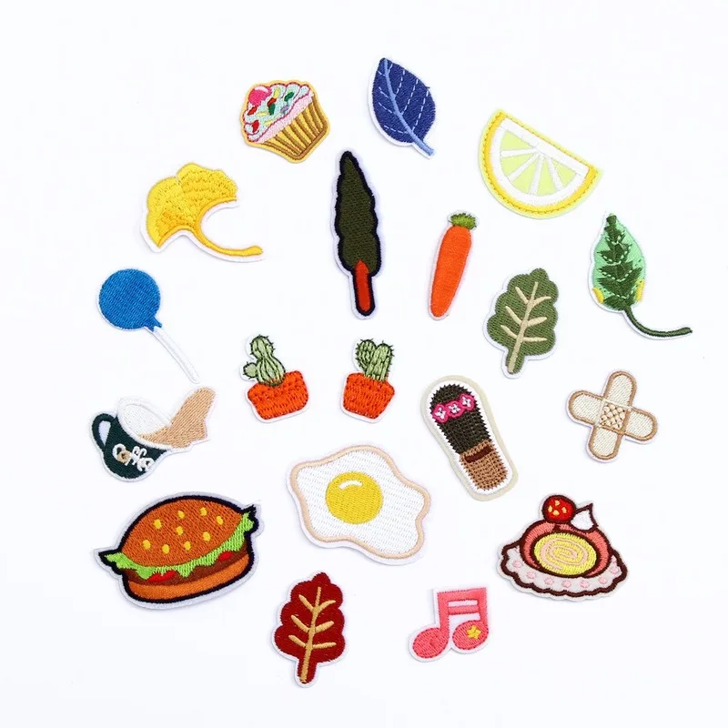 100pcs/Lot Luxury Fun Embroidery Patch Gold Blue Leaf Burger Music Drink Cactus Orange Hamburger Carrot Clothing Decoration