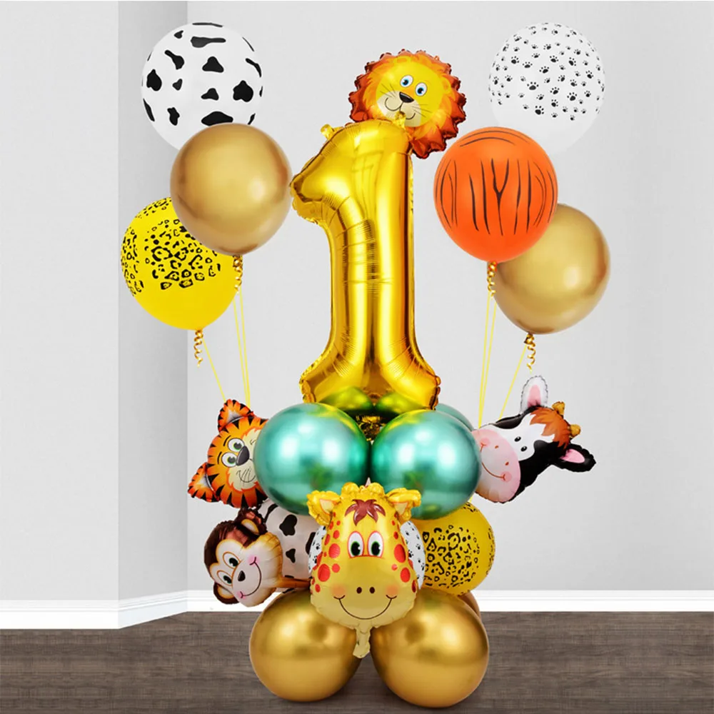 Zwierzę z dżungli małpa lew zestaw balonów metaliczny balon numer 1 2 3 4 5 dekoracje na przyjęcia urodzinowe dla dzieci 1st Oh Baby Shower