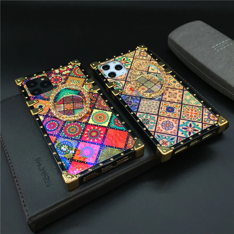 Luxury Glitter Retro Flower Cover Case for iPhone 15 PRO Max 14 Plus XS X XR Bling Square Case for iphone 11 12 13 PRO MAX 7 8