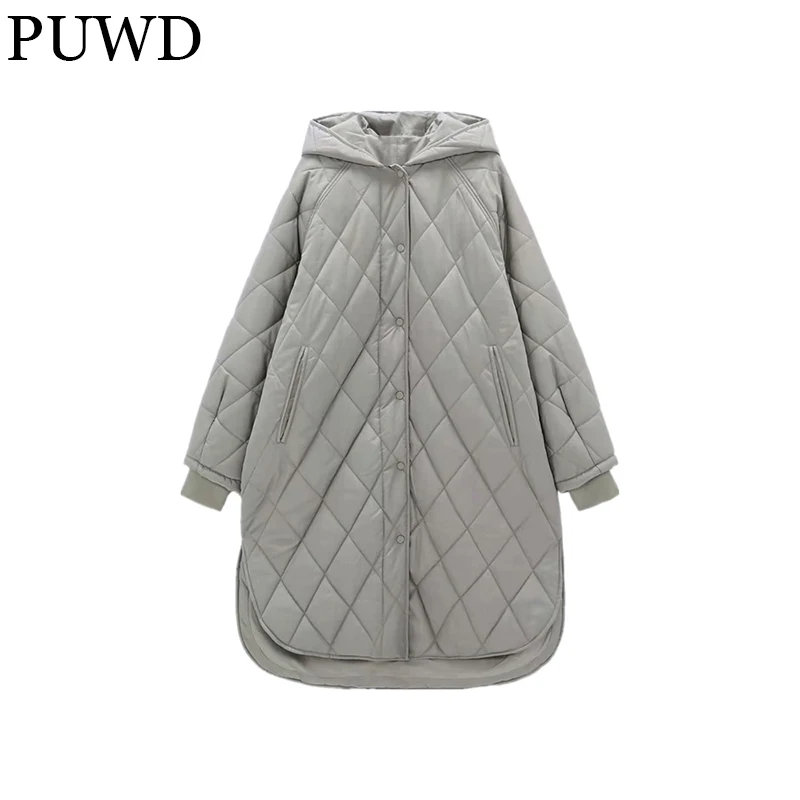 

PUWD Loose Women Mid-length Hooded Cotton Jacket 2021Winter Solid Color Diamond Pattern Parka Warmth Casual Female Thick Outwear