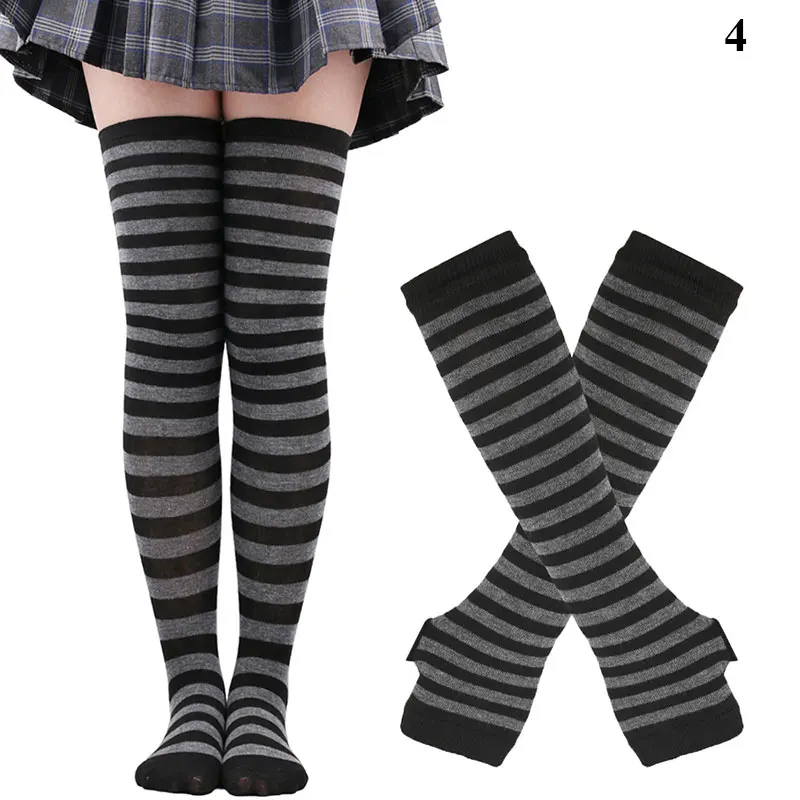 Striped Over Knee High Socks Set For Women Girls Stocking Arm Sleeve Long Socks Christmas Thick Gloves Stocking Warm Knee Socks