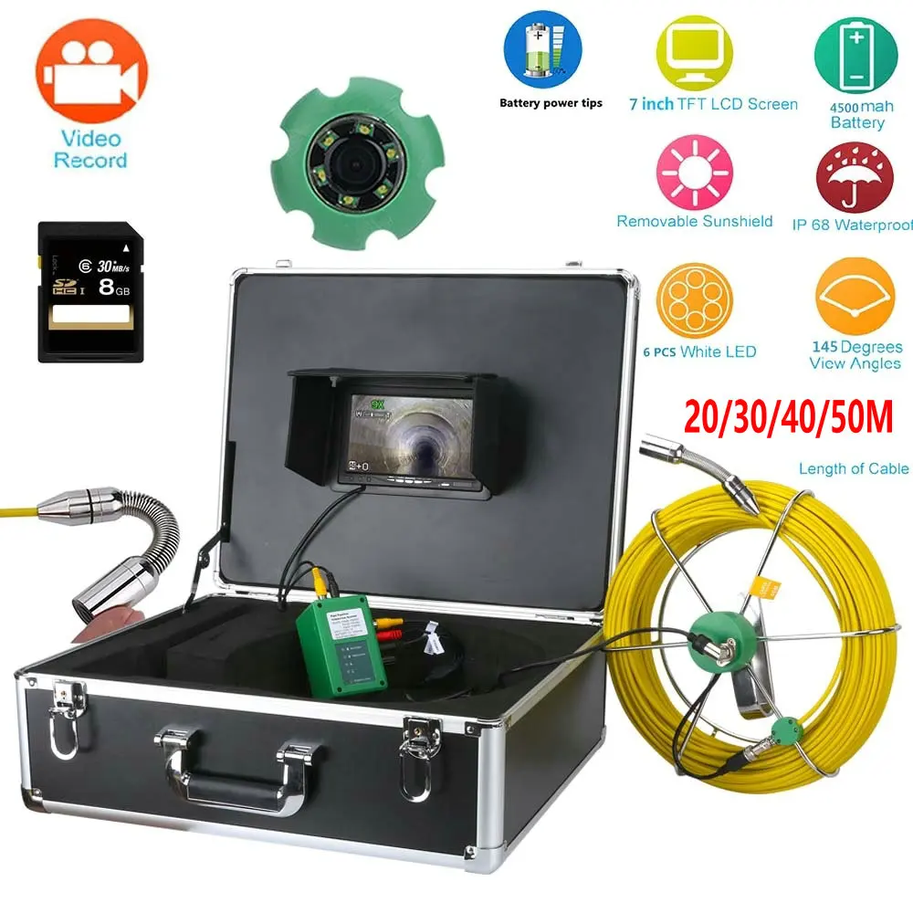 

IP68 Waterproof Drain Pipe Sewer Inspection Video Camera System 7inch LCD DVR with 6W LED Night Vision & 8Gb SD Recording