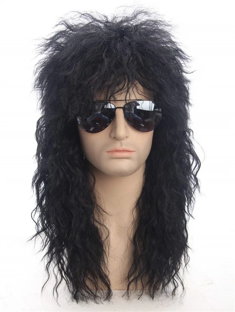 Men Cosplay Heavy Metal Wig Long Synthetic Hair Extension Wig Black Color Punk Puffy Headgear for Halloween Cosplay Props