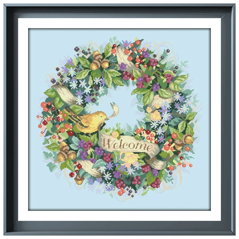 Berry wreath welcome cross embroidery kit flower pattern design 18ct 14ct 11ct skyblue canvas Cross-stitch DIY needlework