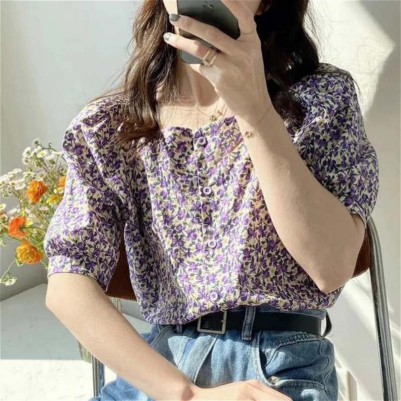 Blouse Women Puff Sleeve Retro Floral Single Breasted Womens Tops and Blouses Preppy Ulzzang Vintage Daily Stylish Femme Blusas