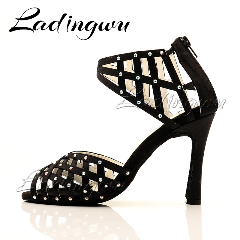 Ladingwu Dance Shoes Latin Women Salsa Indoor Sport Dance Shoes Ladies Geometric Composition Satin Rhinestones Dance Boots