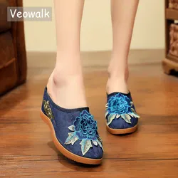 Veowalk Cotton Flower Appliques Women Canvas Wedge Slippers Summer Retro Ladies Med Heel Slides Mules Comfort Platforms Shoes