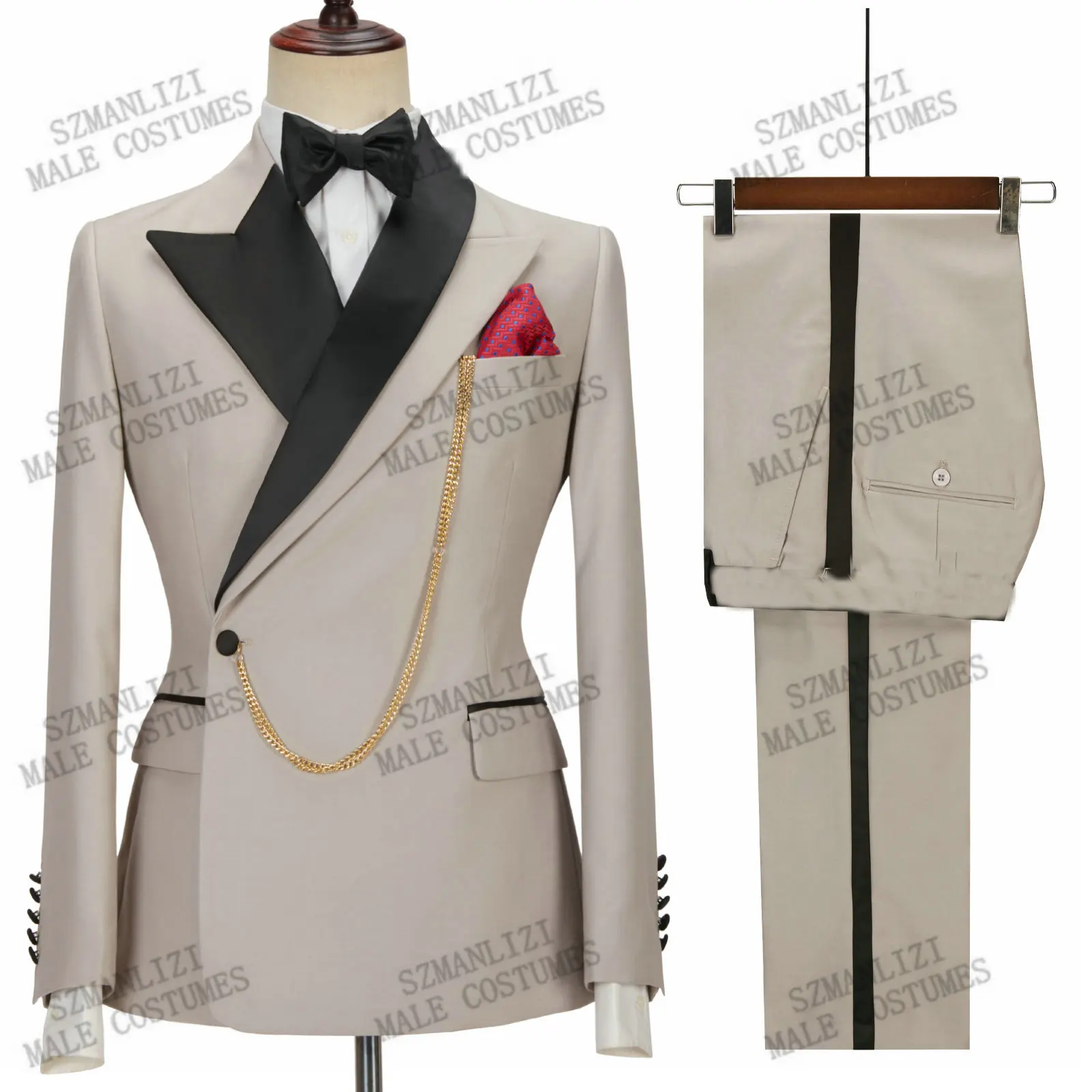 

Double Breasted Men Suits Beige Groom Tuxedos Peaked Lapel Groomsmen Wedding Party Blazer Sets 2 Pieces Jacket+Pants+Bow