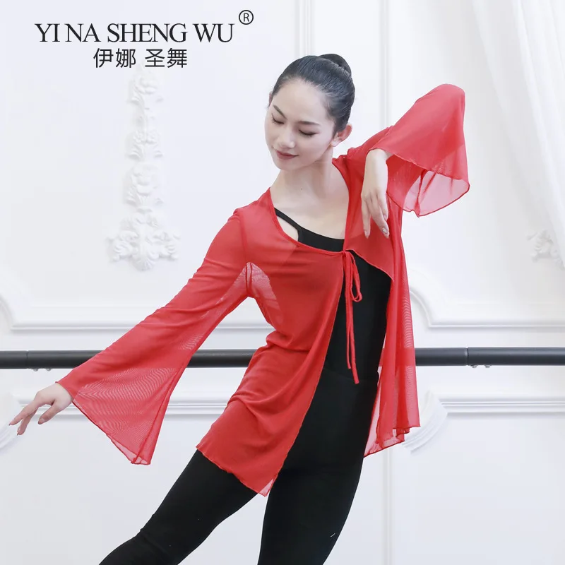 Women Chinese Folk Dance Wear Sexy Transparent Mesh Blouse Classical Dance Top With Long Flared Sleeve Solid Color Loose 2XL New