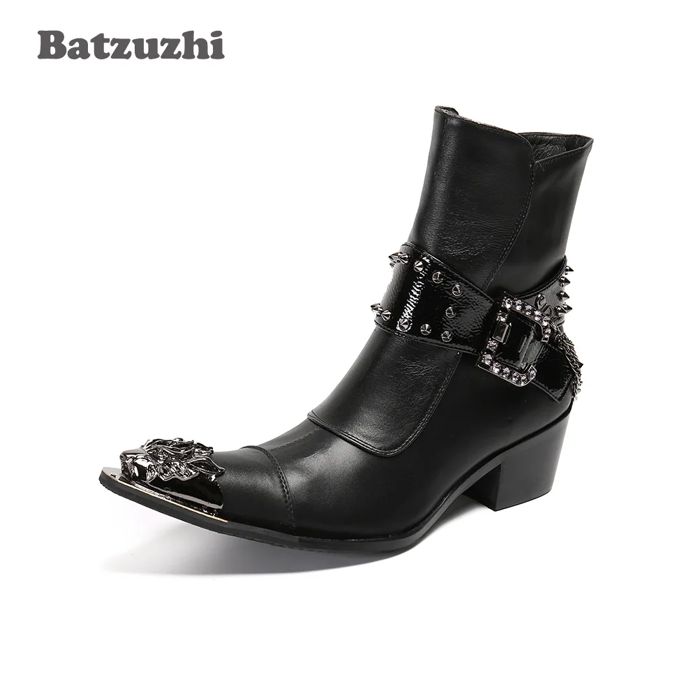 Batzuzhi 6.5CM High Heel Western Cowboy Boots Handmade High Quality Leather Ankle Boots Men Punk Pointed Iron Toe with Chains!