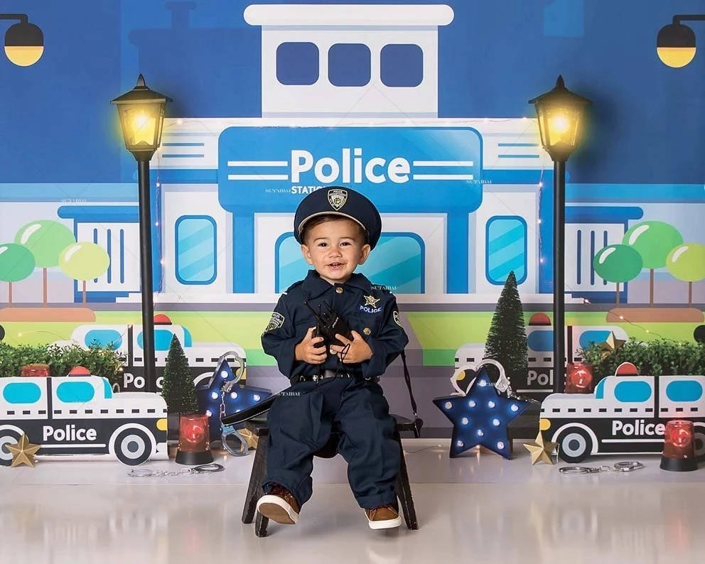 Police Station Backdrop for Party Police Car City Night Guard Patrol Photo Background Photography Backdrop Police Theme Decor