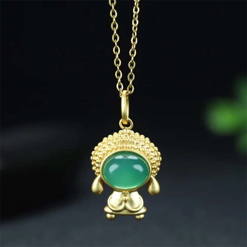 Hot Selling Natural Hand-carved 925 Silver Gufajin Inlay Jade Little Monk Necklace Pendant FashionJewelry MenWomen Luck Gifts