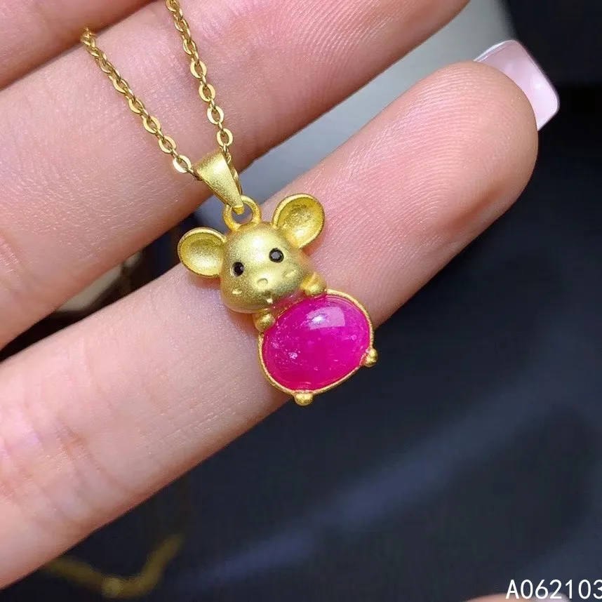 KJJEAXCMY fine jewelry 925 Sterling Silver inlaid natural ruby Women's fresh golden mouse faceted gem Pendant Necklace support d