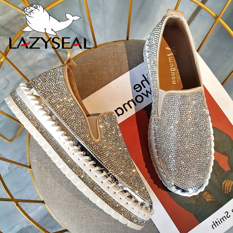 LazySeal Crystal Diamonds Women Flats Bling Woman Shoes Rhinestone Ladies Casual Shoes Round Toe Slip-on Platform Shoes