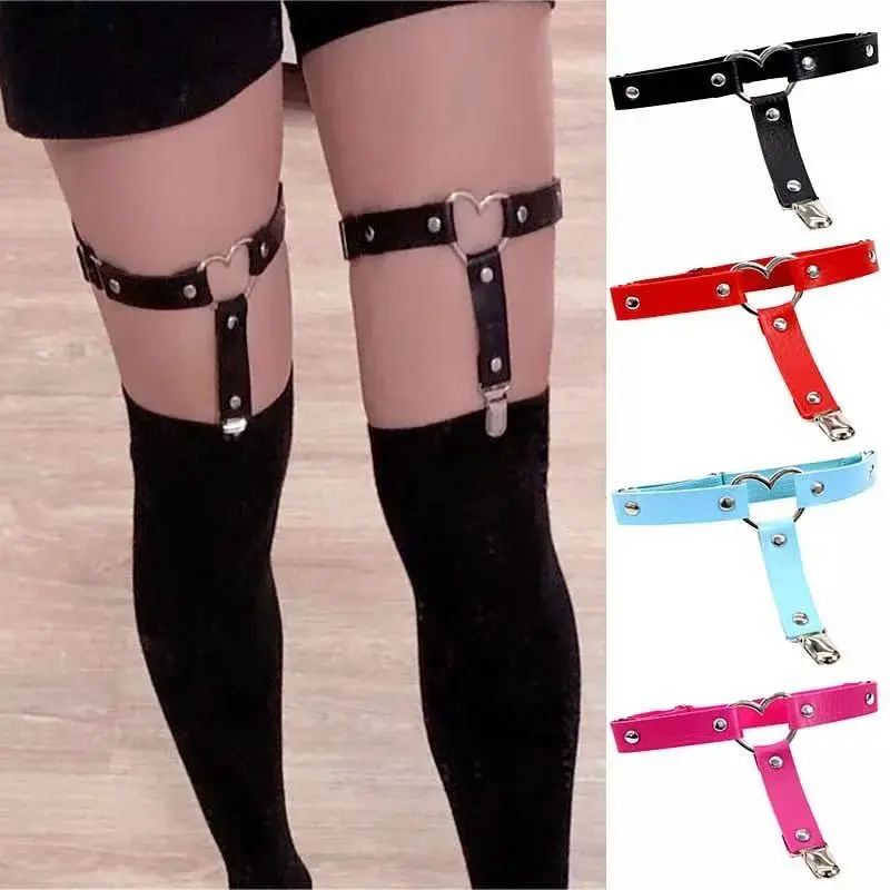 1 peça feminina sexy punk goth coração pu couro elástico liga perna coxa anel roupas acessório perna suspender sexy meias ligas