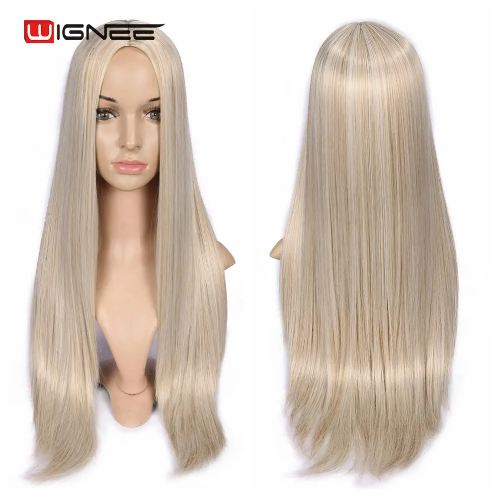 Wignee Long Straight Hair Synthetic Wig For Women  Blonde Natural Middle Part Hair Heat Resistant FiberNatural Daily Hair Wig