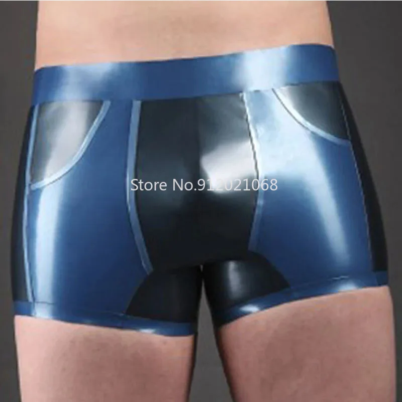 Handmade Blue and Black Latex Rubber Boxer Panties with Pocket for Men Fashion Shorts Underwear