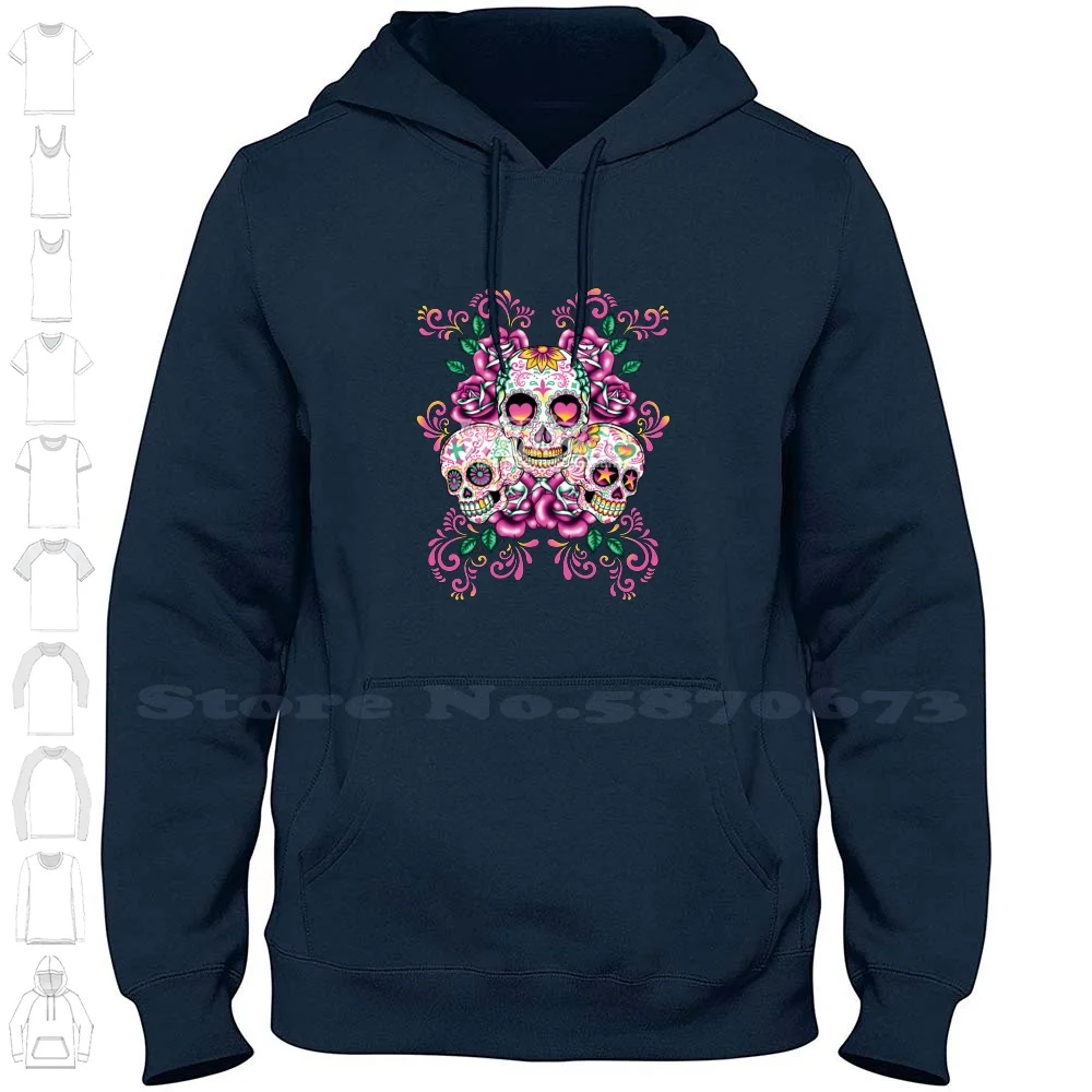 Happy Skulls Hoodies Sweatshirt For Men Women Skulls Hipster Pink Hearts Flowers Tattoo Roses Smiling Skulls Happy Art Blue