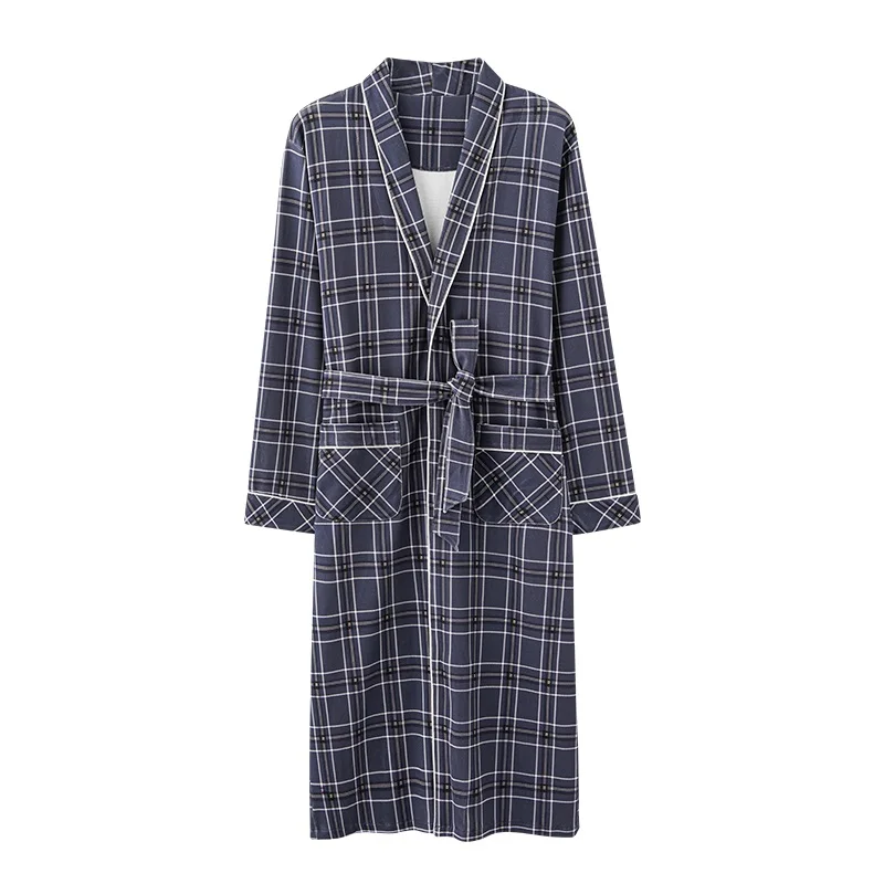 Peignoir à carreaux pour hommes, haut de nuit Kimono Robes pour hommes, plein pur coton Long bain Robe de mariée Robe spanGown M-4XL