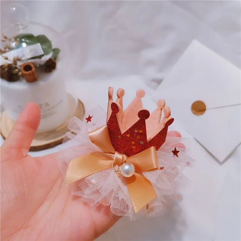 4Pcs/Lot 11CM Mesh Bowknot With Crown Appliques For Children Headwear Hair Clip Accessories And Garment Patches
