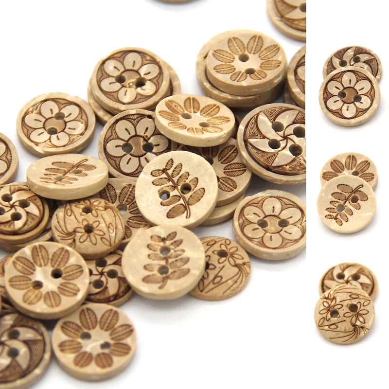 HENGC 30pcs Mixed Flower Carved Wooden Buttons For Clothing Children Scrapbooking Shirt Handmade DIY Sewing Accesories Wholesale