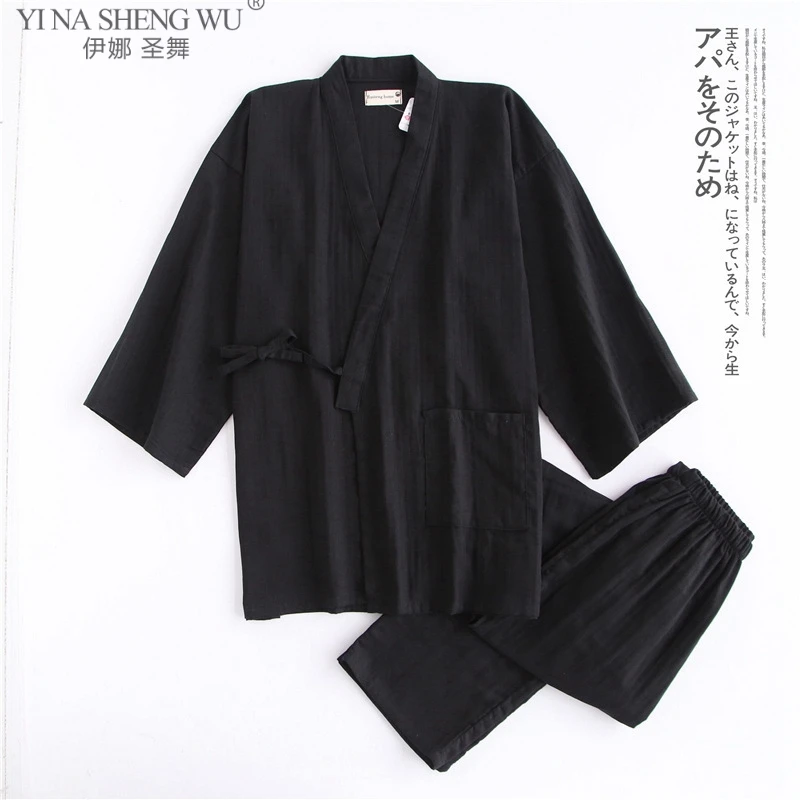 Men Traditional Japanese Pajamas Set Cotton Robe Pants Kimono Haori Yukata Nightgown Wmoen of Soft Gown Sleepwear Obi Outfits