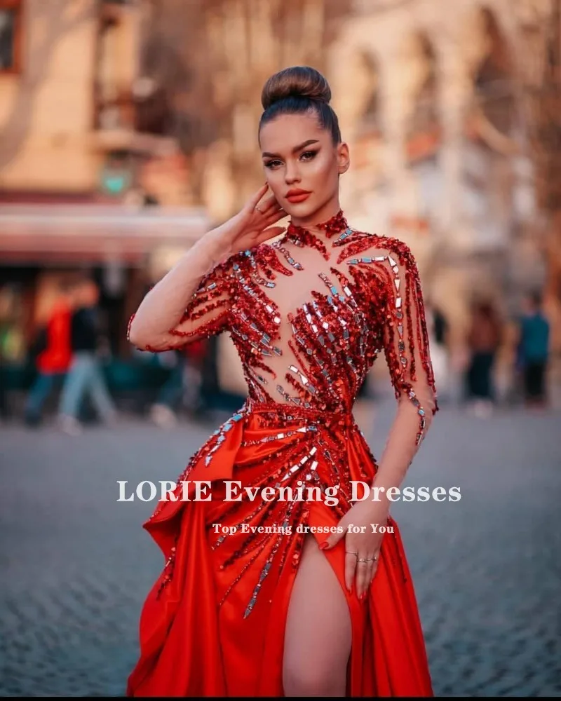 LORIE High Couture Gaun Malam Arab Gaun Pesta Gaun Prom Dubai Seksi Lengan Panjang Merah dengan Manik-manik Leher Tinggi