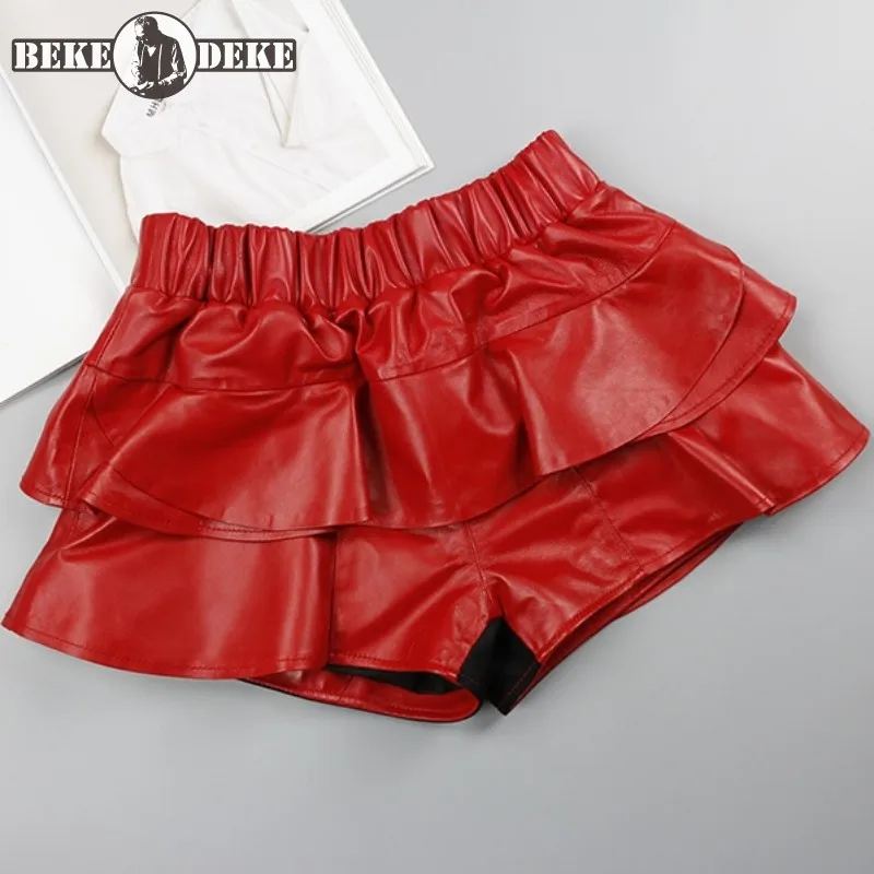 Design Sweet Ruffle Genuine Leather Shorts Skirt Women Elastic Waist Red Black Green Grey Sheepskin Shorts Female Mini Trousers