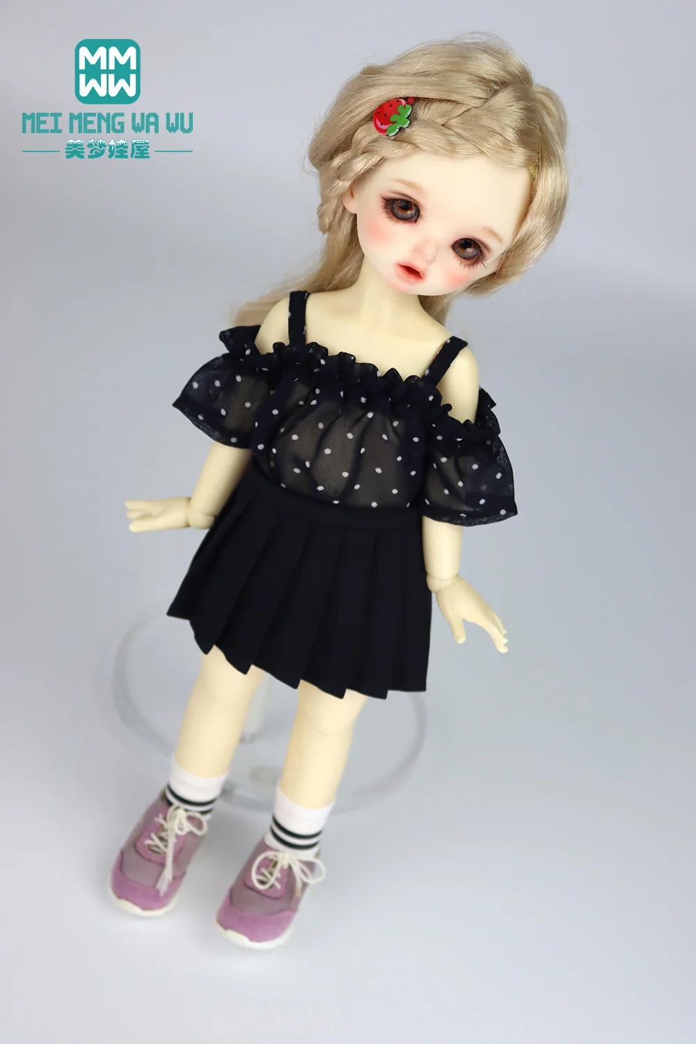 Fit 30cm 1/6 BJD YOSD doll clothes fashion Off-the-shoulder polka-dot shirt and jeans Leather boots