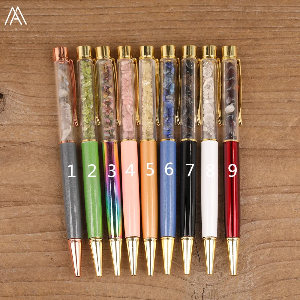 Natural Gemstones Chip Beads Ballpoint Pen Black Ink Quartz Crystal Ballpoint Pen For Student Office Business Stationery Pen