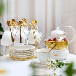 Rose Embossed English Afternoon Tea Set Porcelain Candle Heating European Glass Ceramic Teapot Cups Saucer Spoon Holder Tray Kit