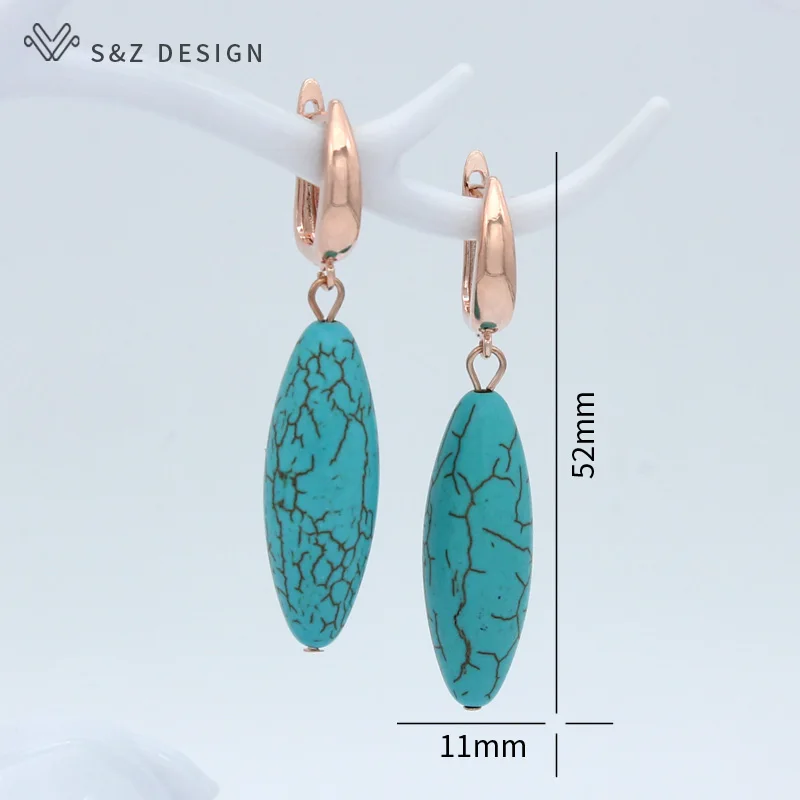 S&Z DESIGN New Rose Gold Color Water Drop Synthetic Turquoises Dangle Earrings For Women Wedding Elegant Jewelry Gift