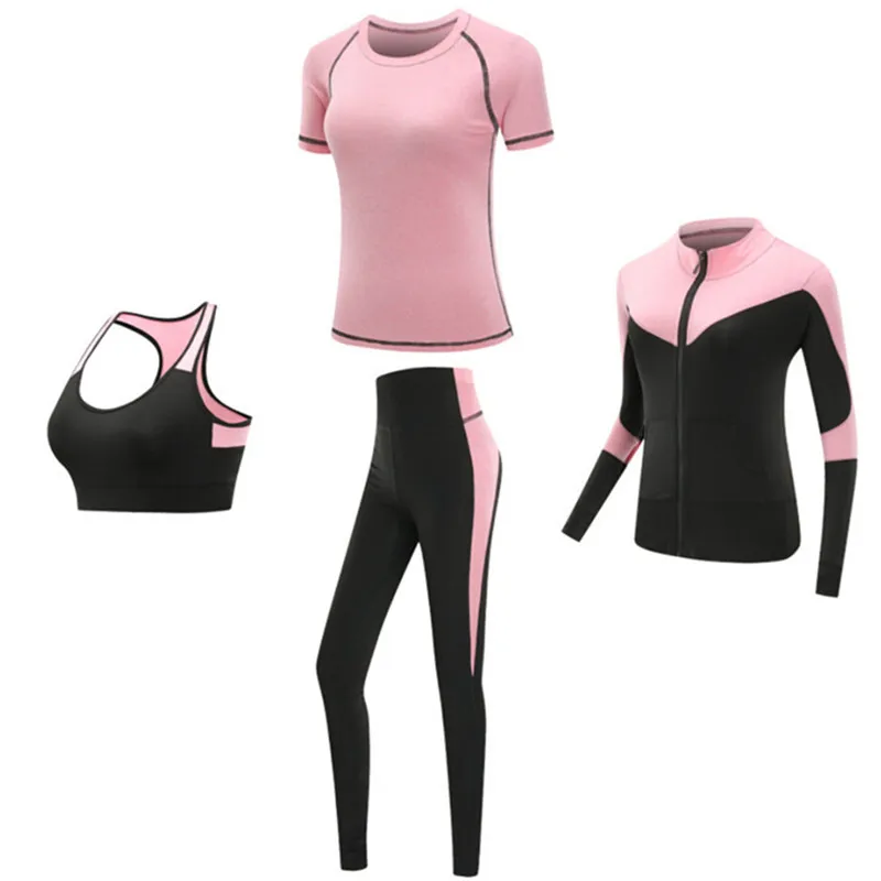 Quick dry women sportswear yoga set fitness gym yoga clothing suit sets coat+bra+t shirt+leggings 2019 workout running training