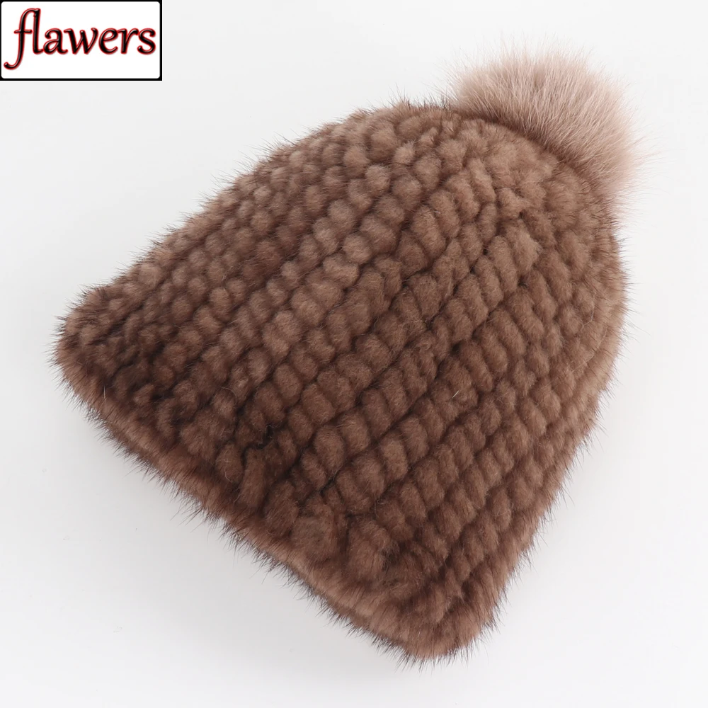 

New Lady Winter Real Mink Fur Bomber Hat Natural Knitted Warm Mink Fur Cap With Fox Fur Pompoms Women 100% Real Mink Fur Hats