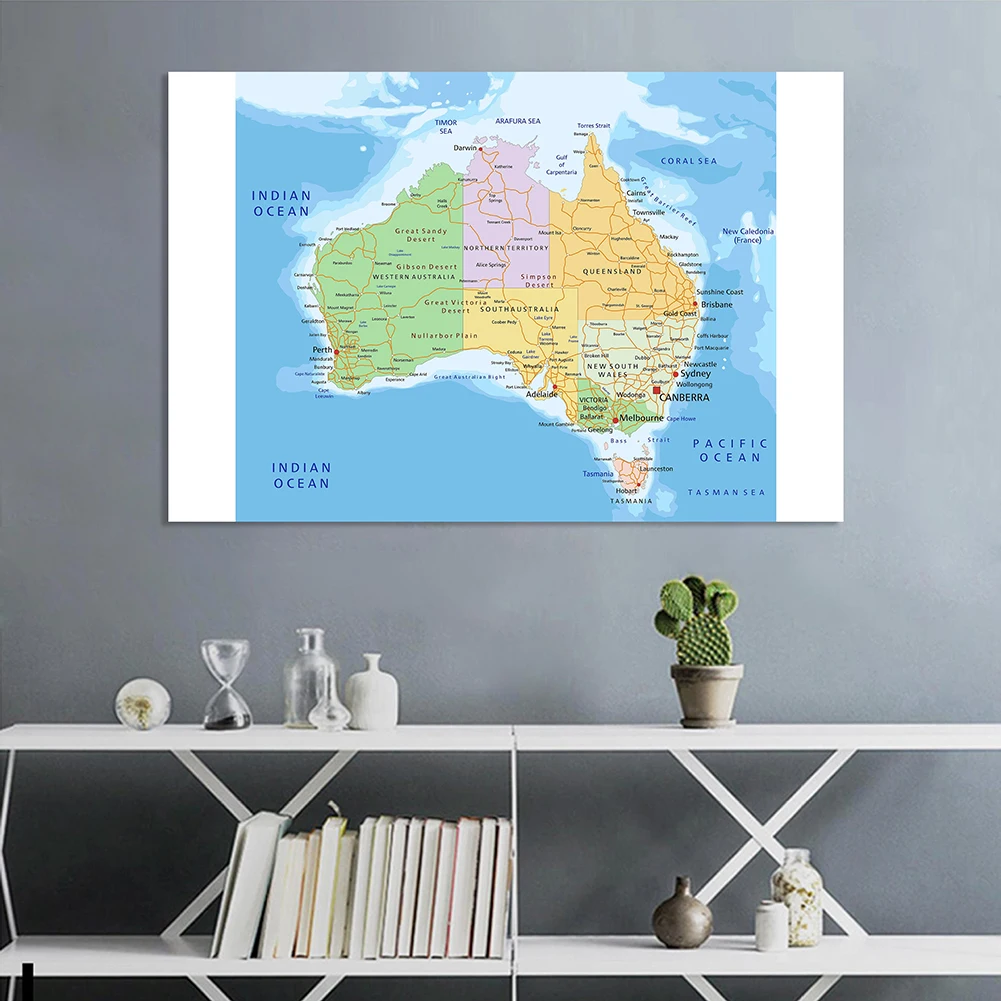 Póster de pared de Australia para decoración del hogar, lienzo no tejido, mapa de ruta política y de tráfico, suministros escolares, 150x100cm
