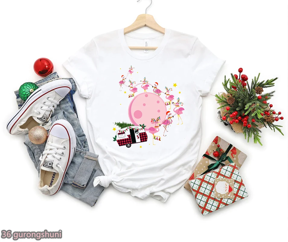 

Kawaii Flamingo Merry Christmas Gift Print Women Tshirts Golden Leopard Rainbow T-Shirt Femme Harajuku Shirt Summer T Shirt