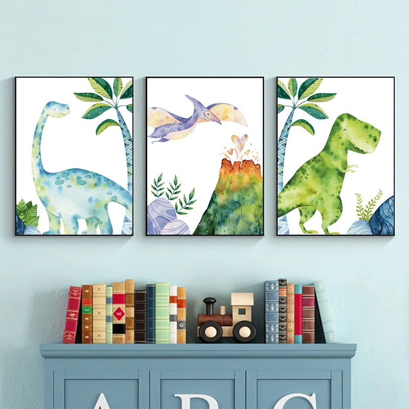 Dinosaur Cartoon Watercolor Painting Boys Nursery Wall Art Decorative Pictures Trex Diplodocus Pterodactyl Posters and Prints