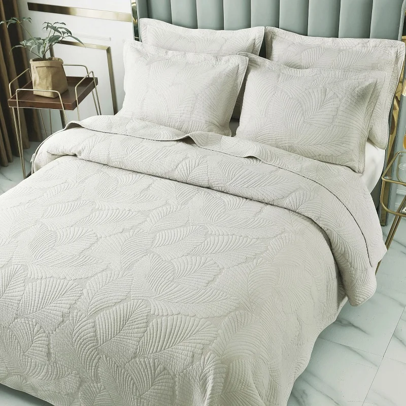 

Beige Embroidered Bedspread on the Bed Cotton Quilt Set 3PCS Coverlet Solid Bed Cover King Queen Size Quilted Blanket for Bed