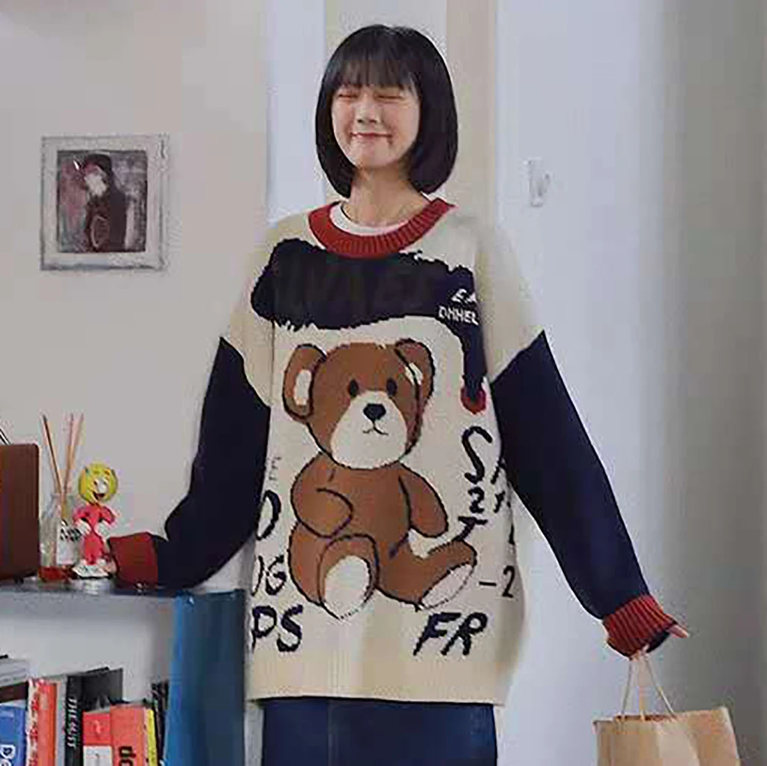 ATSUNSET Cartoon Brown Bear Knitted Wool Autumn And Winter Harajuku Japanese And Korean Pullover Daily Streetwear Top