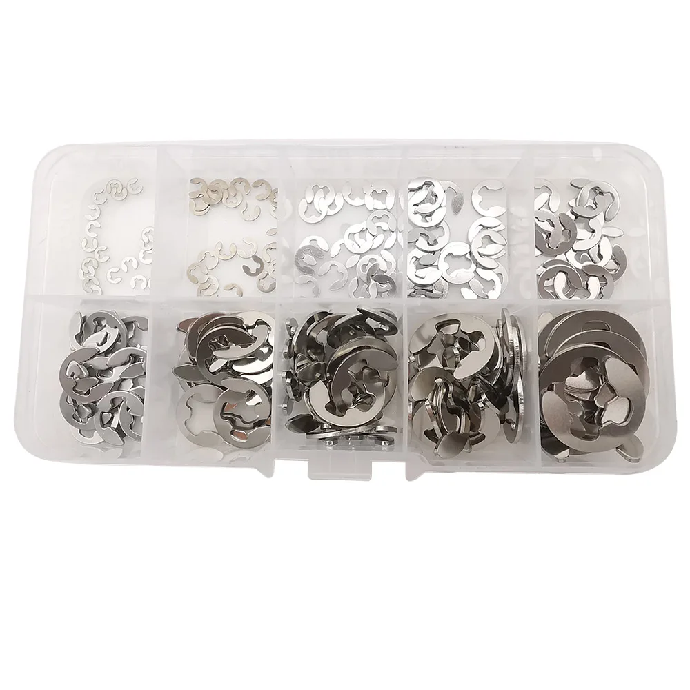 200Pcs/Box 304 Stainless Steel M1.5~M10 E Clips Washer Assortment Kit Circlip Retaining Ring for Shaft Fastener