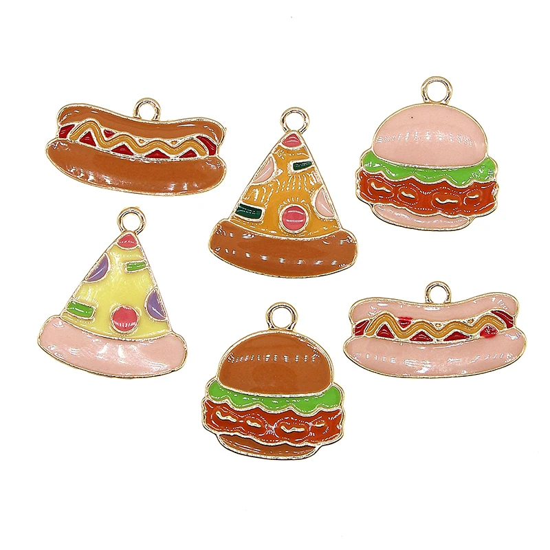 10pcs/pack 20*11mm 17*19mm 16*18mm Cute Food Enamel Hamburger Pizza Hot Dog Charms For Bracelet DIY Fashion Jewelry Findings