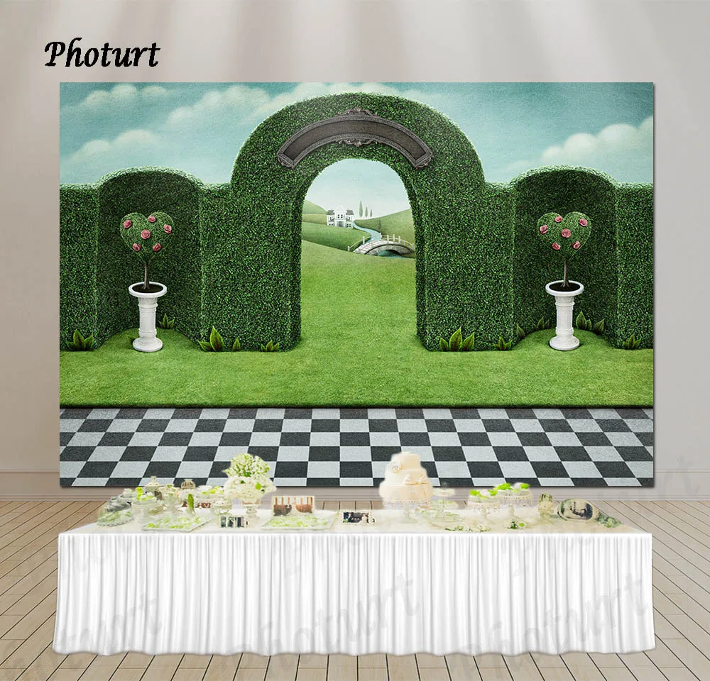 PHOTURT Amusement Park Backdrop Kids 1st Birthday Decorate Photography Banner Green Fantasy World Background Decoration Props