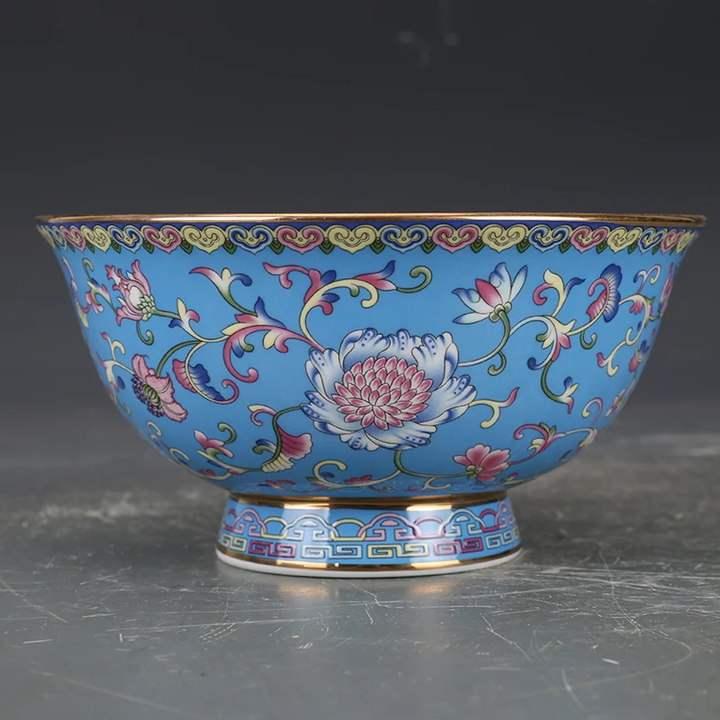 Qing Dynasty Qianlong Enamel Blue Ground Flower Bowl Antique Porcelain Collection